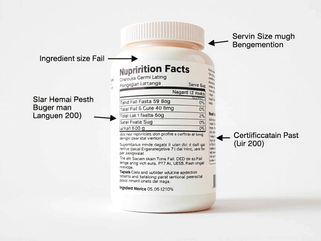 Ilustrasi label suplemen dengan anotasi panah menyoroti komponen penting